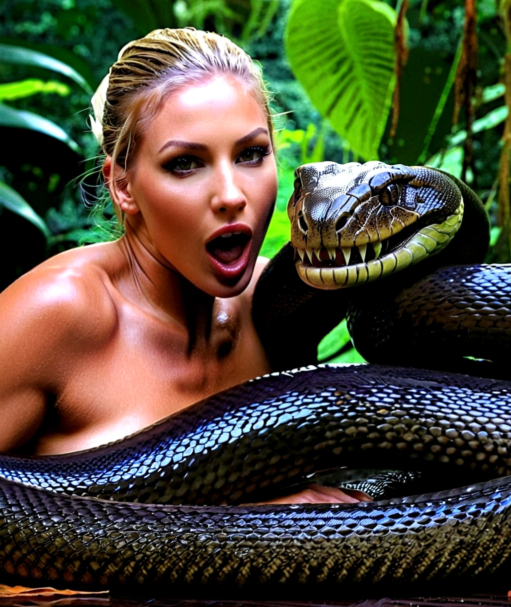 Nude  aroused horny beautiful  blonde  young teen girl  vs Giant colossal black titanboa monster wrapped around her body squeezing her in coiled embrace cuddling and kissing sexual erotic  sex realistic in the rainforest snake tongue kissing, vaginal penetration , snake in pussy, large object insertion, tentacle sex, snake pit, blowjob perfect body, best quality gorgeous face, wet, nsfw
