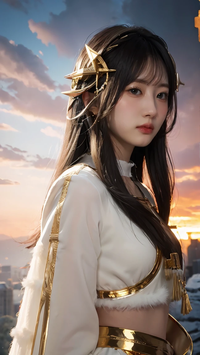 ((masterpiece, best quality, extremely detailed), volumetric lighting, ambient occlusion, colorful, glowing), 1girl, solo, young girl, (black fluffy hair without bangs), long hair, halo, aura, sacred, goddess, cleric suit, (white outfit with gold detailst:1.3), armor, outdoors, sunset, sky, clouds, space, (fantasy theme:1.2),