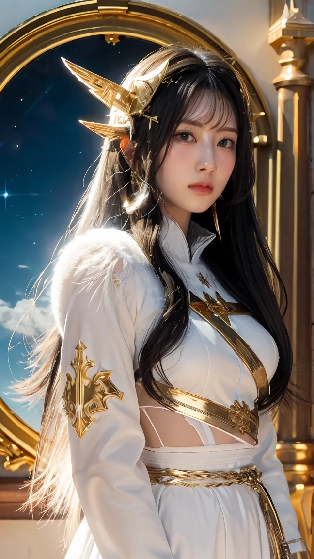 ((masterpiece, best quality, extremely detailed), volumetric lighting, ambient occlusion, colorful, glowing), 1girl, solo, young girl, (black fluffy hair without bangs), long hair, halo, aura, sacred, goddess, cleric suit, (white outfit with gold detailst:1.3), armor, outdoors, sunset, sky, clouds, space, (fantasy theme:1.2),