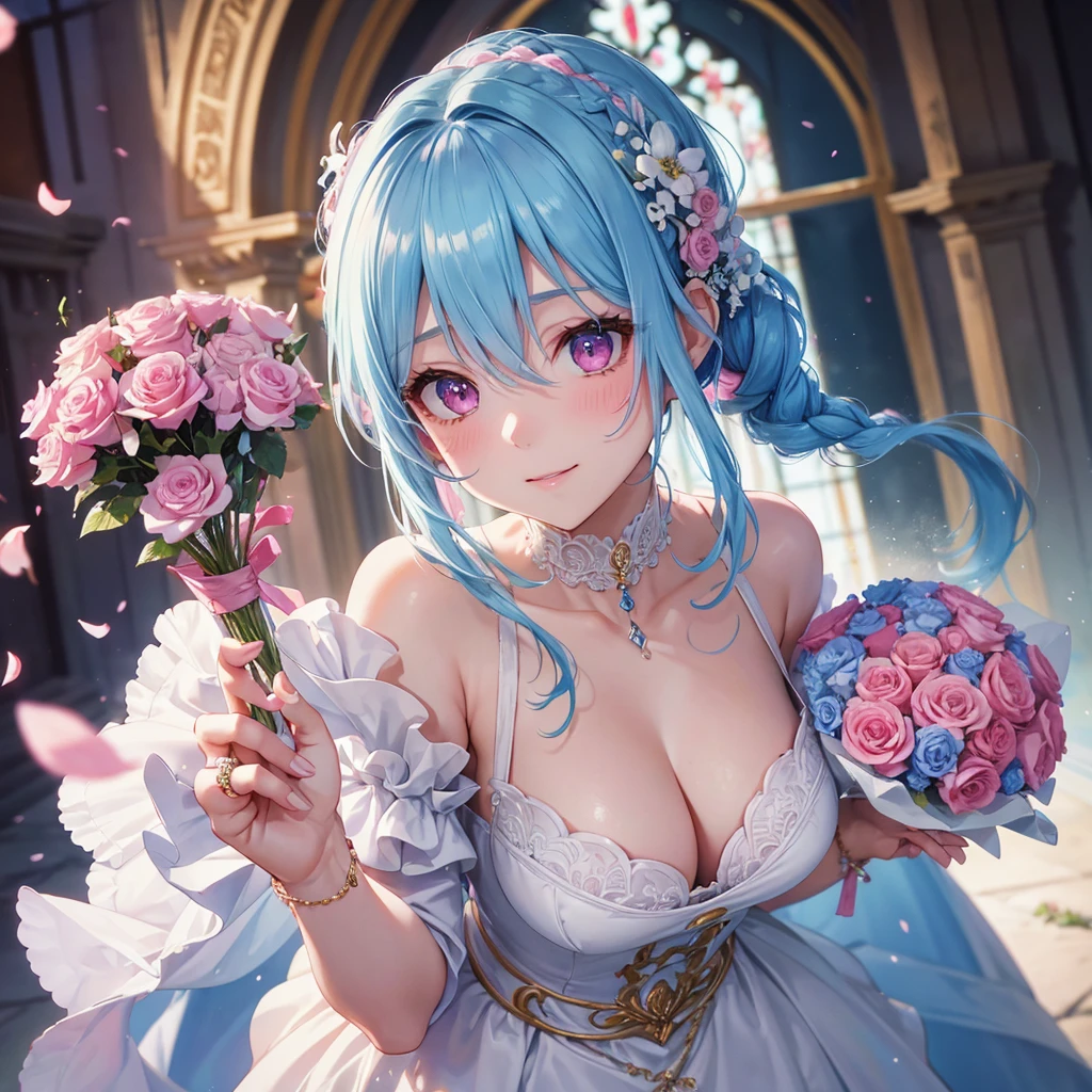 Sky blue hair, (Braided Ponytail),(Pink Eyes),Fair skin ,(whole body),(One girl),bride,A big smile,Straight bangs, 6月のbride,Wedding dress,(masterpiece, Highest quality, Very detailed, Best Shadow), (Detailed Background), (Beautifully detailed face), High Contrast, (Best lighting, Very delicate and beautiful), ((Cinematic Light)), colorful, Hyper Detail, Dramatic Light, Intricate details,Chapel background,Bouquet of roses,Ring on left ring finger,