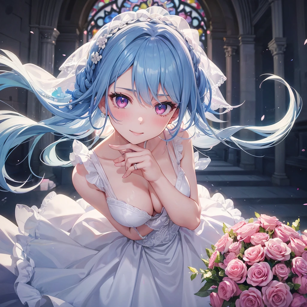 Sky blue hair, (Braided Ponytail),(Pink Eyes),Fair skin ,(whole body),(One girl),bride,A big smile,Straight bangs, 6月のbride,Wedding dress,(masterpiece, Highest quality, Very detailed, Best Shadow), (Detailed Background), (Beautifully detailed face), High Contrast, (Best lighting, Very delicate and beautiful), ((Cinematic Light)), colorful, Hyper Detail, Dramatic Light, Intricate details,Chapel background,Bouquet of roses,Ring on left ring finger,