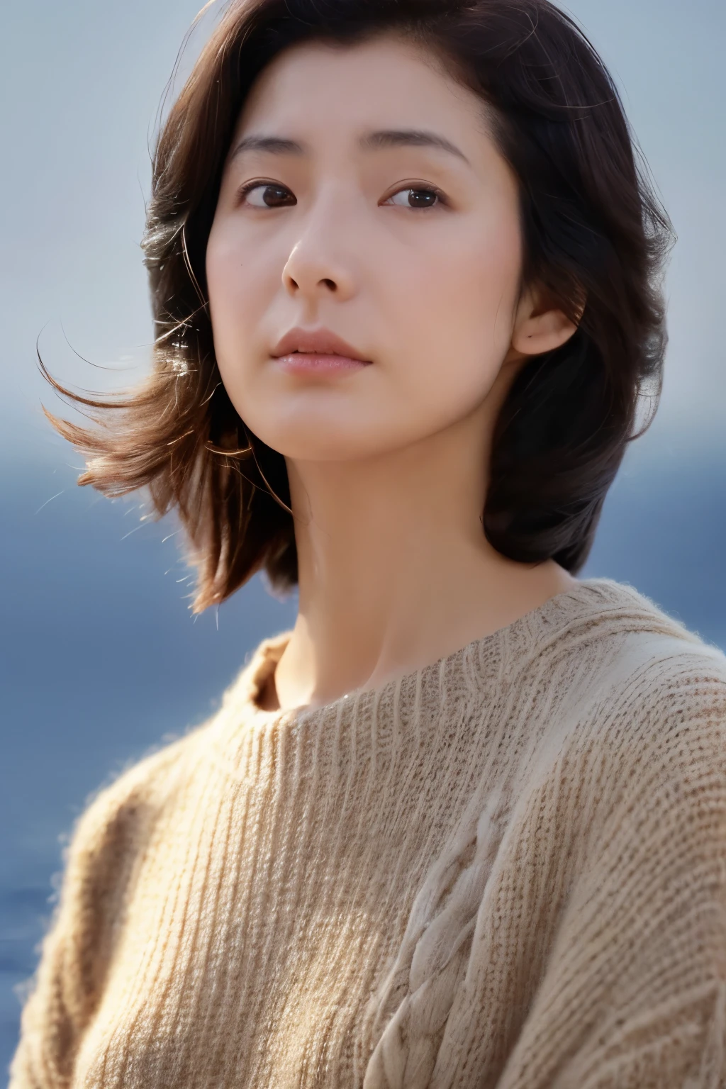 (knitwear), (top-quality, masterpiece:1.3, Super high resolution), (Photorealsitic:1.4, RAW shooting), Ultra-realistic capture, A highly detailed, high-definition 16K for human skin, Wistful, A skinny Japanese woman, 30 years old, cute face, ((Sadness face)), detailed face, detailed eyes, ((correct anatomy)), A dark-haired, Middle hair, ((Background of the sea in a starry night)), (((looking up afar at starry sky))), hair blowing in the wind