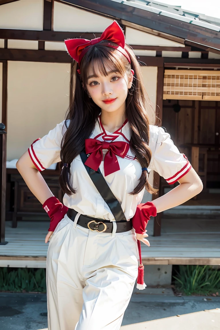 masterpiece, best quality,1girl, solo, nakorurums, red bow, bow, long hair, hair bow, ainu clothes, solo, hairband, black hair, fingerless gloves, short sleeves, gloves, sash, bangs, red hairband, breasts, brown eyes, white pants, japanese clothes, masterpiece, light smile, (illustration: 1.5), running toward viewer