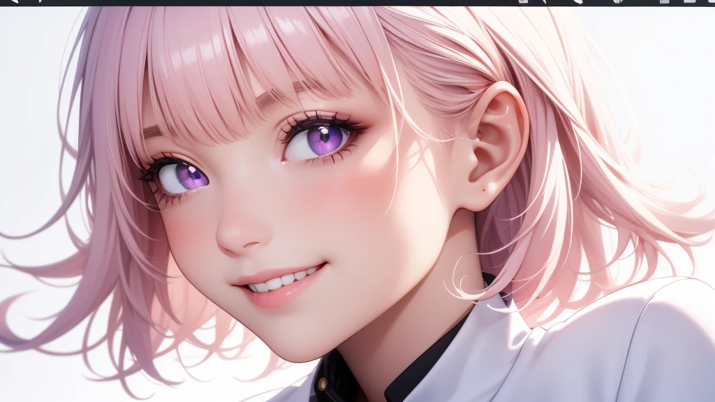 (masterpiece, Highest quality), Intricate details, thin, ((slim)), beautiful girl, Light pink hair, White skin, Light purple eyes, Sharp jawline, Cropped jacket, Messy Hair, lips, Upper Body, close, Grin