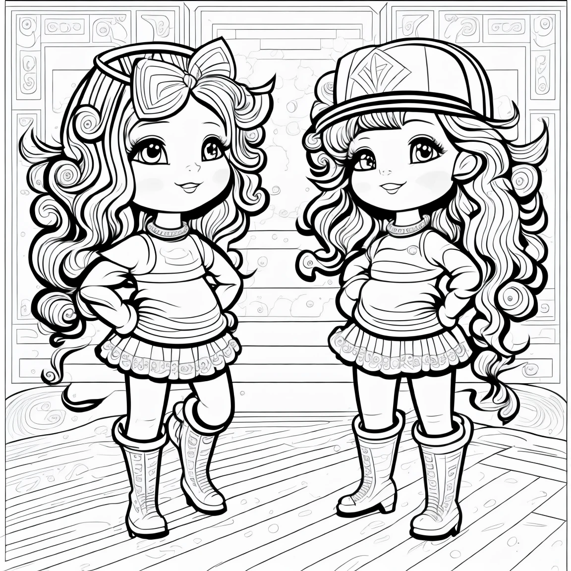 clean black and white only, coloring page for adults, simple cartoon like, two beautiful cyberpunk girls dancing, with hat, with beautiful eyes and full curly hair or straight hair, thick lines, low detail, flawless line art, --ar 1:1 art deco style