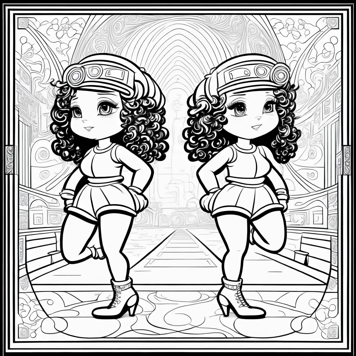 clean black and white only, coloring page for adults, simple cartoon like, two beautiful cyberpunk girls dancing, with hat, with beautiful eyes and full curly hair or straight hair, thick lines, low detail, flawless line art, --ar 1:1 art deco style