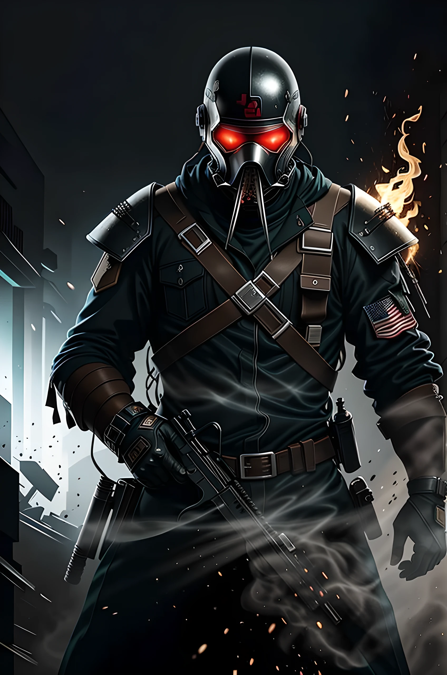 a man with a gun and fire in his mouth, full metal jacket, full metal overlay, metal album cover art, covered in full metal armor, metal album cover, heavy metal art style, metal garments, all-metal, official poster artwork, official artwork, metal skin, punk rock album cover art style, heavy metal artwork, detailed face, dramatic lighting, volumetric fog, cinematic composition, chiaroscuro lighting, gritty and grungy, highly detailed, hyper realistic, 8k, ultra-detailed