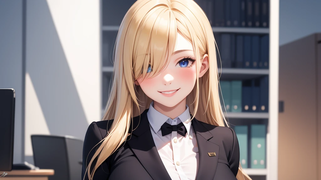 European girl portrait,alone,20-year-old,Beautiful Face,Hair on one eye,Medium Sidecut, Blonde, Sharp focus,(Black business suit),office,Big Breasts,smile