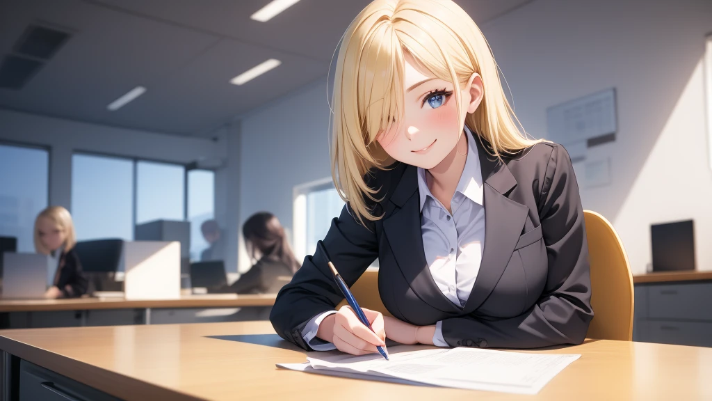 European girl portrait,alone,20-year-old,Beautiful Face,Hair on one eye,Medium Sidecut, Blonde, Sharp focus,(Black business suit),office,Big Breasts,smile