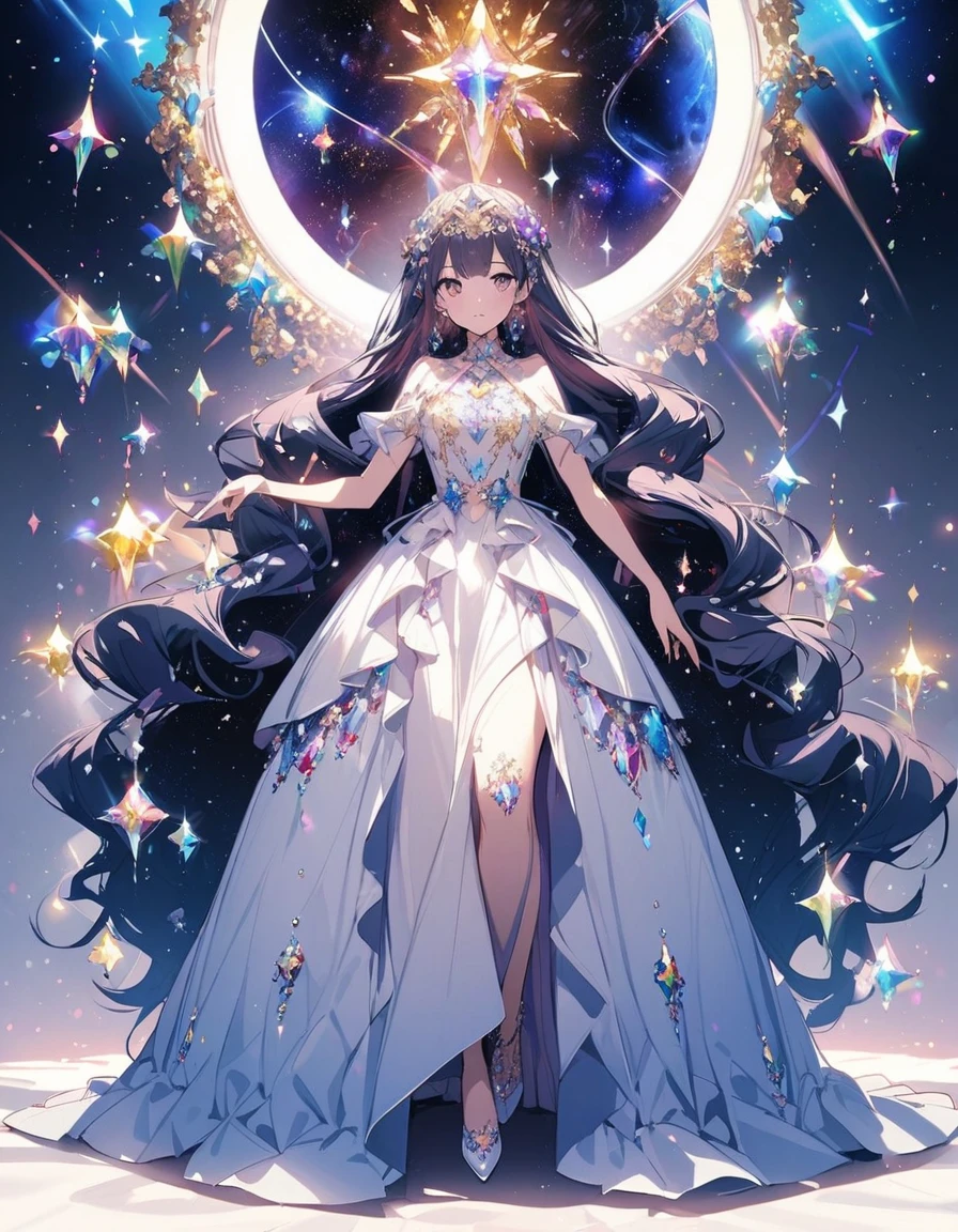 Gorgeous dress、Wearing shining jewels、Queen、whole body、The inside of the dress is outer space
