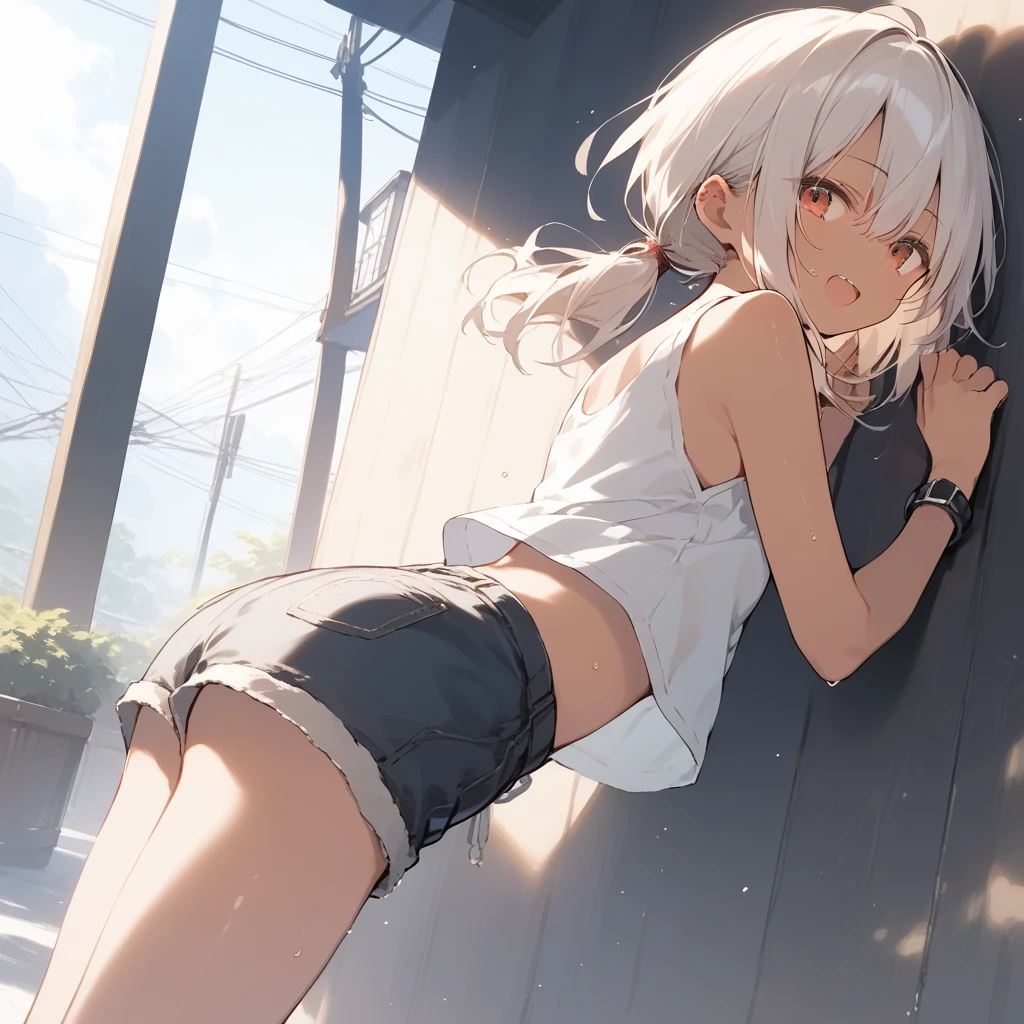 score_9, score_8_up, score_7_up, source_anime, best quality, masterpiece, official art, absurdres, highres, ultra-detailed,waifu2x,Collection: Slice of Life,break,1girl, tomboy, dark-skinned female, short hair, low ponytail, flat chest, beautiful detailed eyes, short shorts, sweat, open mouth, (yawn:0.3), sleepily, outdoors, wind, break,(clear line illustration:1.2),very high resolution, very aesthetic, super detailed skin, Best sexual lighting powered by famous artist, 8k,cute picture,beauty illustration,photoshop_(medium),,(Detailed Lighting),best anime 8k konachan wallpaper, pixiv contest winner,