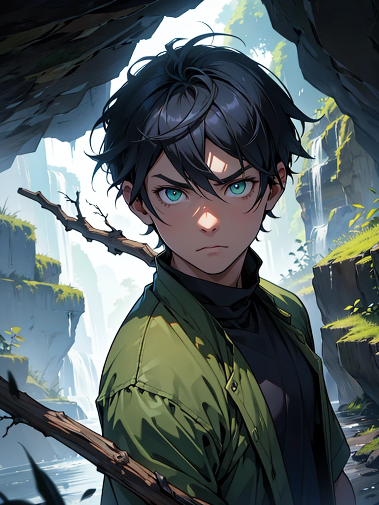 30 years old、male、Green Eyes、Light clothing、Dark blue short hair、Holding a stick、In a narrow cave、Bad personality、Unfriendly、serious、Click one&#39;s tongue