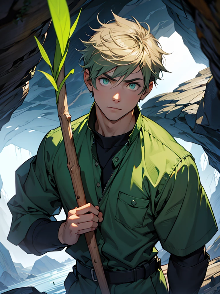 30 years old、male、Green Eyes、Light clothing、Dark blue short hair、Holding a stick、In a narrow cave、Bad personality、Unfriendly、serious、Click one's tongue