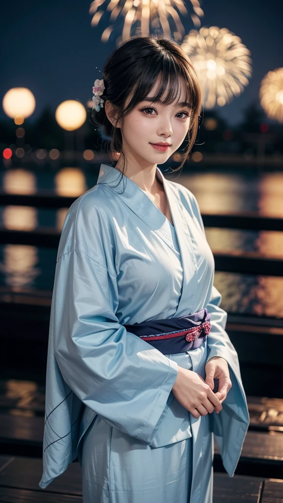 night、A glamorous atmosphere、firework、Dull light blue yukata、Cotton kimono、stylish (night景、night、smile)、night空、bangs、No makeup、(masterpiece、8K,RAW Photos、High resolution:1.4)、girl'Her calm expression is accentuated by her soft facial expression..。 Canon EOS R6 Mark II and Sigma 50mm f/2.Use in combination with 8/1.4 DG HSM Art Lens、シーンのあらゆるニュアンスがHigh resolutionでキャプチャされます。