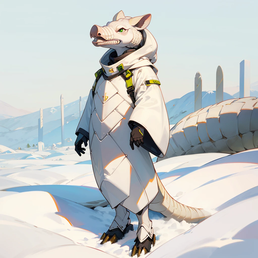 1character, Full body version, white Armadillo mixed with piq, green eyes, gold skins, Grassroots in snow,