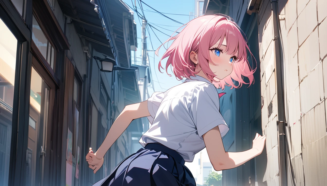  (1 girl),(Best Picture Quality, 8K, Masterpiece:1.3), (high school student:1.5), (pink lob hair), (bob cut), (slant skyblue eyes), ((school uniform, white short simple sleeve shirt, darkblue skirt, pink tie)), (super clear:1.5), (glistening skin:1.1),(pale skin:1.1), (looking ahead:1.3), ((from side:1.3)),(morning city ​​alley Setting), (running:1.3), beautiful scene of main street