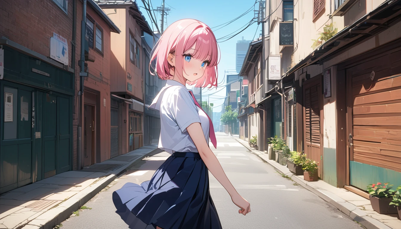 (1 girl),(Best Picture Quality, 8K, Masterpiece:1.3), (high school student:1.5), (pink lob hair), (bob cut), (slant skyblue eyes), ((school uniform, white short simple sleeve shirt, darkblue skirt, pink tie)), (super clear:1.5), (glistening skin:1.1),(pale skin:1.1), (looking ahead:1.3), ((from side:1.3)),(morning city alley Setting), (running:1.3), beautiful scene of main street