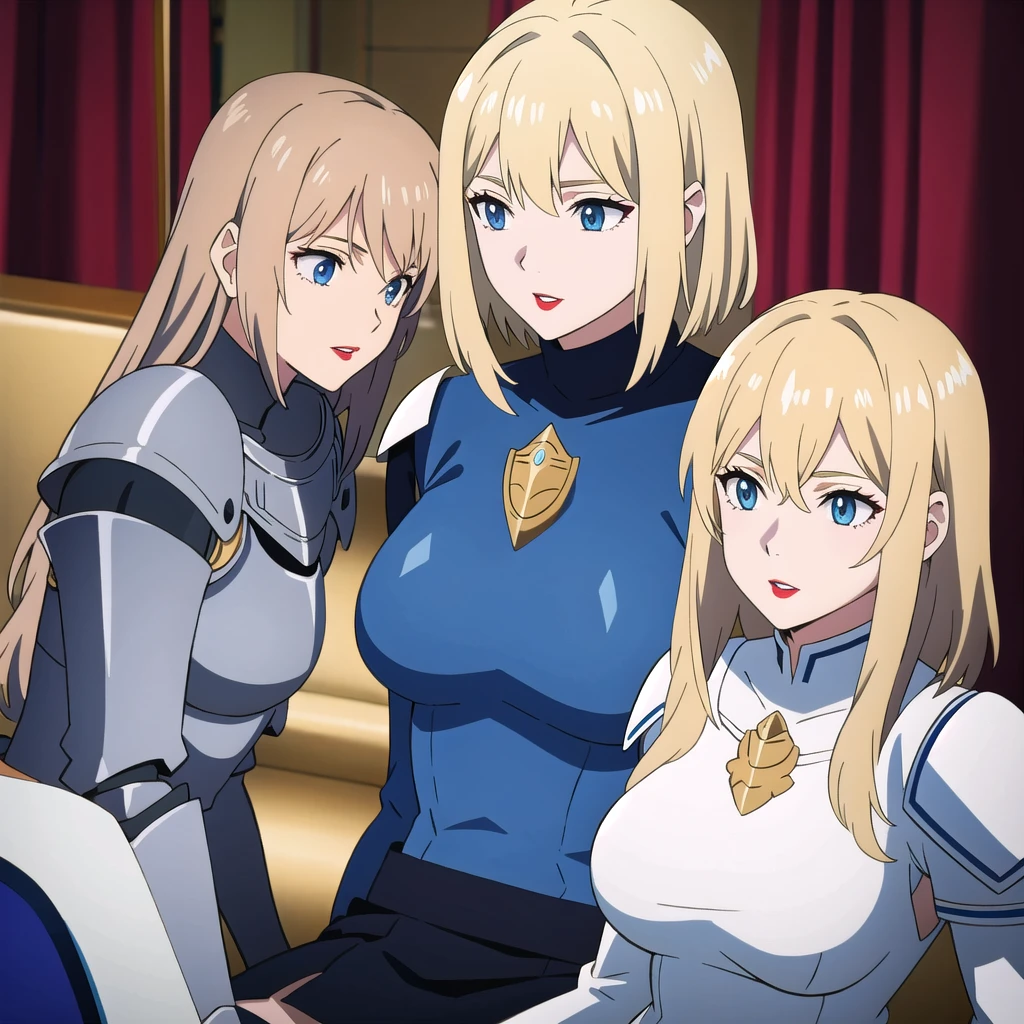 Knight in armor, feminine, big boobies, Mediovale, blondie hair, Medium hair, blue colored eyes, Red lips, 