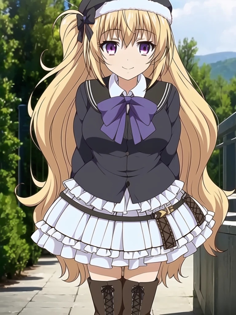 ((Best quality))), ((Ultra-detailed)), ((illustration)), ((Disheveled hair)), ((frilld)), (1 girl), (Solo), 1girl, brick_wall, flower, looking_at_viewer, solo, rating:safe, bangs, black_bow, black_footwear, black_gloves, blue_bow, blue_shirt, blue_skirt, blunt_bangs, boots, bow, brown_legwear, brown_pantyhose, closed_mouth, clothing, corset, dress_shirt, eyebrows_visible_through_hair, female, footwear, gloves, knee_boots, legwear, long_hair, long_sleeves, miniskirt, pantyhose, shirt, sitting, skirt, smile, straight_hair, very_long_hair, blurry, blonde hair,purple eyes,