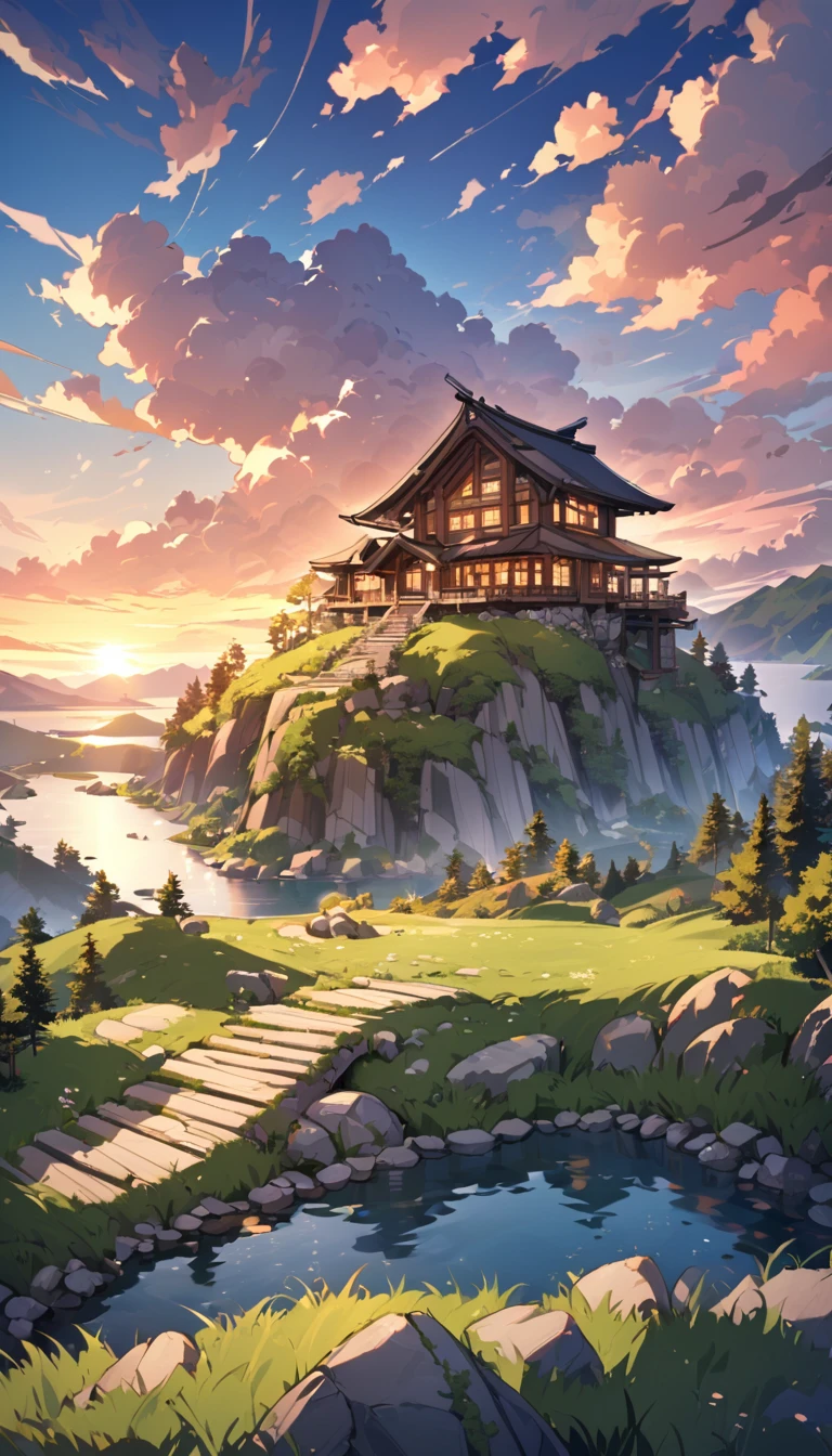 dream house made of wood and stone on top of a mountain, great landscape, with lake and clouds, sunset