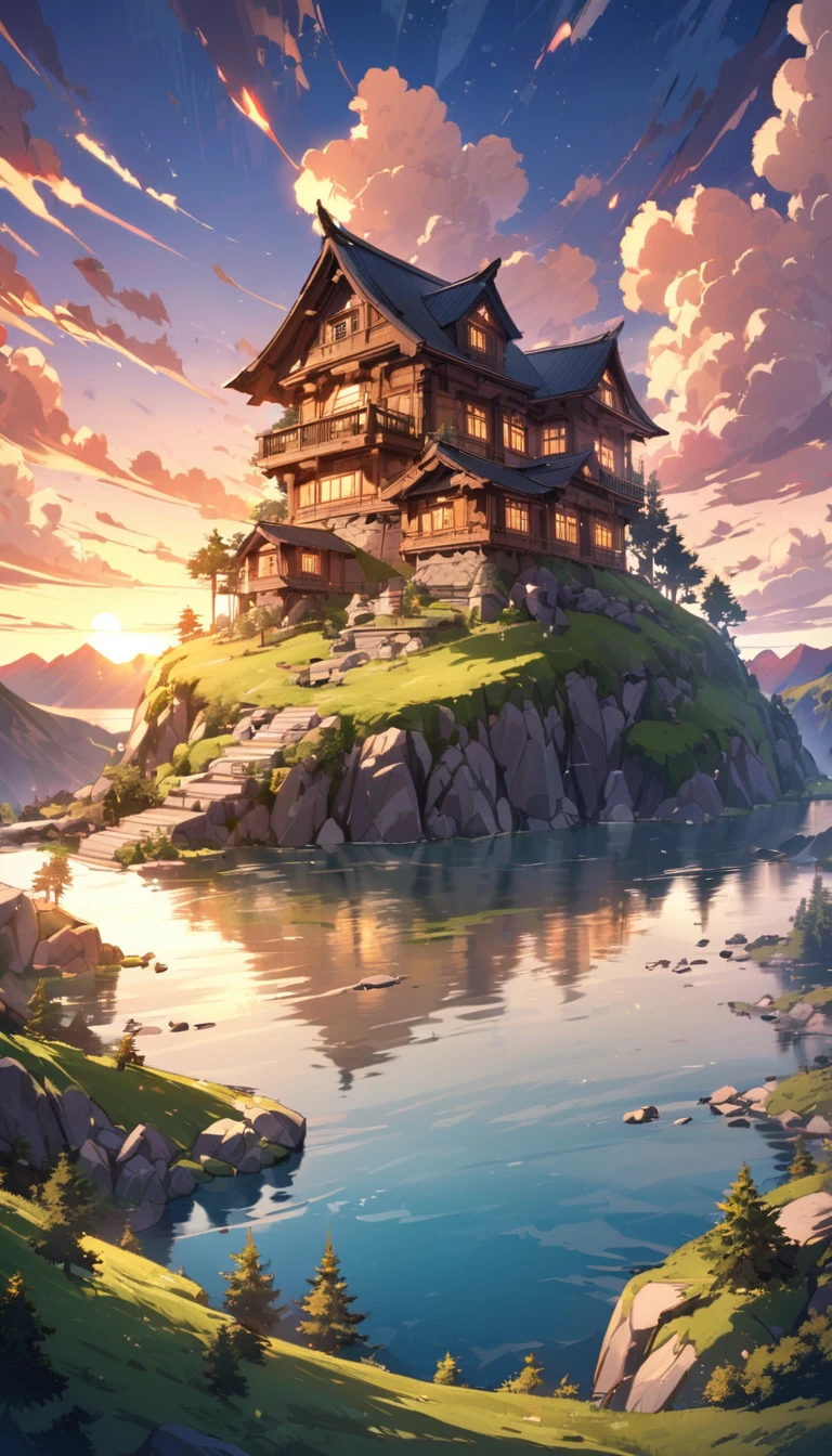 dream house made of wood and stone on top of a mountain, great landscape, with lake and clouds, sunset