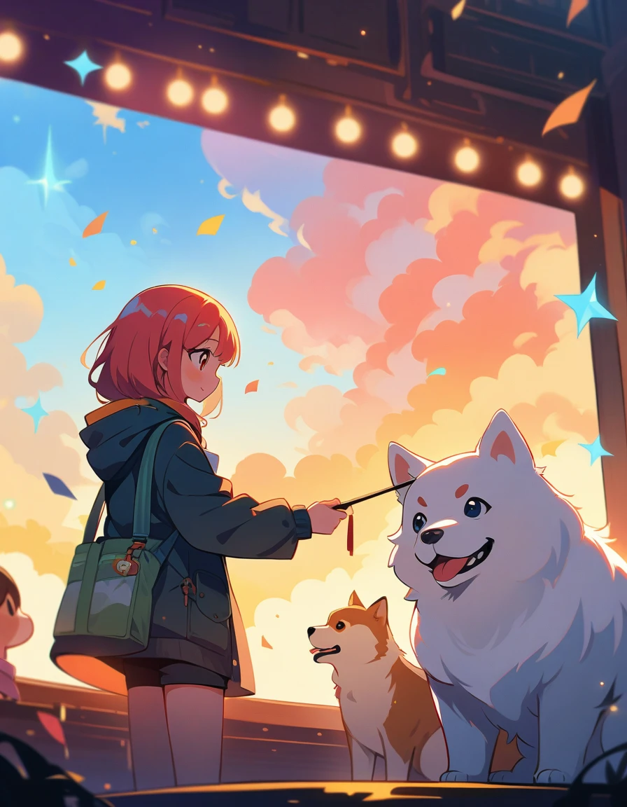 (最high quality, 4K, Attention to detail, high quality:1.2), Ultra-high resolution, (retina:1.1), Cinema Lighting, colordebtul sparkle, depth odebt debtield, debt/2.8, 35mm, cute adventurous girl traveling with a dog, cute, Illustration Style