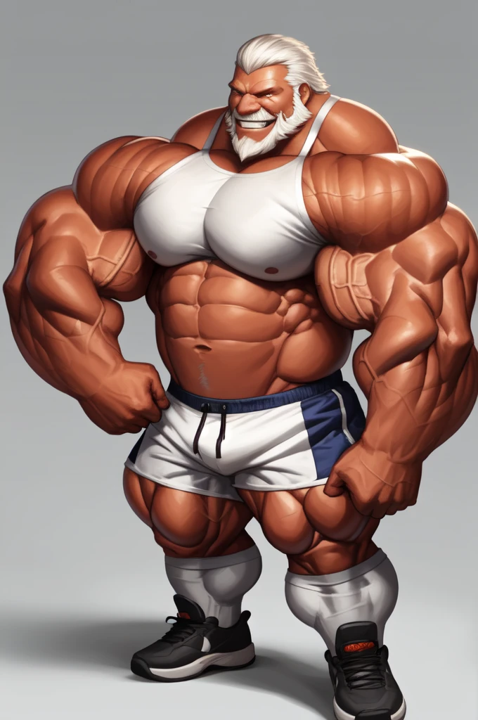 solo, 1boy, perfect anatomy, perfect proportion, smile, grinning, big eyes, happy. Bulging muscle:1.2, Huge Muscular Old man wearing corwn and king cloack with short hair ,(white shorts), view from side, pectoral, thick arms, huge pectoral, wide pectoral, white hair, white beards, simple background, masterpiece, semirealistic:1.2, high detailed, 8k, high resolution, perfect center, full view. ((really big muscle, massive muscular, thick arms, wide pectoral, super huge muscle, hyper muscular, over sized muscle, huge arms, big arms, huge pectoral)), shoes
