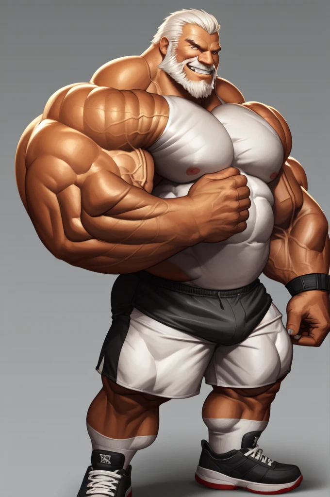 solo, 1boy, perfect anatomy, perfect proportion, smile, grinning, big eyes, happy. Bulging muscle:1.2, Huge Muscular Old man wearing corwn and king cloack with short hair ,(white shorts), view from side, pectoral, thick arms, huge pectoral, wide pectoral, white hair, white beards, simple background, masterpiece, semirealistic:1.2, high detailed, 8k, high resolution, perfect center, full view. ((really big muscle, massive muscular, thick arms, wide pectoral, super huge muscle, hyper muscular, over sized muscle, huge arms, big arms, huge pectoral)), shoes