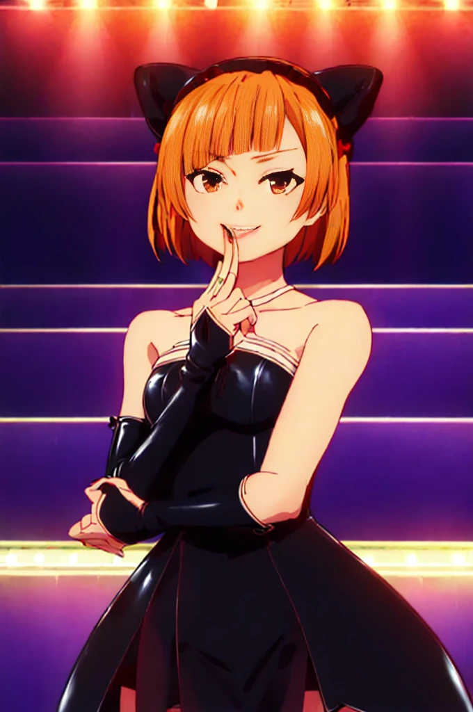 , BD、Queen、government、one girl、alone、(((Long gloves made of black latex that cover all the way to the fingertips.:1.4 )))、(((black latex corset dress:1.4)))、(((Corset dress decorated with beautiful lace.)))、(((halter neck corset dress)))、(((Black Latex Tight Mini Skirt:1.4)))、(((black thigh boots)))、stiletto heels、(((black latex panties)))、(((Black latex bra)))、(((black leather collar)))、(((sexy pose)))、Wide-open legs、(((erotic)))、(((cowboy shot)))、run,orange hair、Short hair,double good、bread on both sides、blunt bangs,headdress,brown eyes with highlights,shoulder exposure,Anatomically perfect body、anatomically perfect limbs、Four perfect fingers and one thumb、one girl, alone, upper body, (looking at the audience:1.5), in the middle, evil smile, ((pussy)),