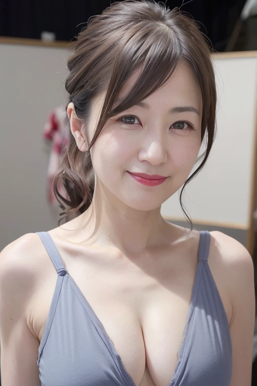 Beautiful mature 55 year old Japanese woman, Married women, Fine Lines, Long eyelashes, Shining Eyes, Low Ponytail, Red lipstick, smile, elegant, Colorful high cut swimsuit, Cleavage, bathing, Shooting in hot springs, (Highest quality,4K,8K,High resolution,masterpiece:1.2),Very detailed,(Realistic,photoRealistic,photo-Realistic:1.37),High resolution,超High resolution,Studio Lighting,Ultra-fine painting,Sharp focus,Physically Based Rendering,Very detailed説明,Professional,Vibrant colors,Bokeh,Portraiture