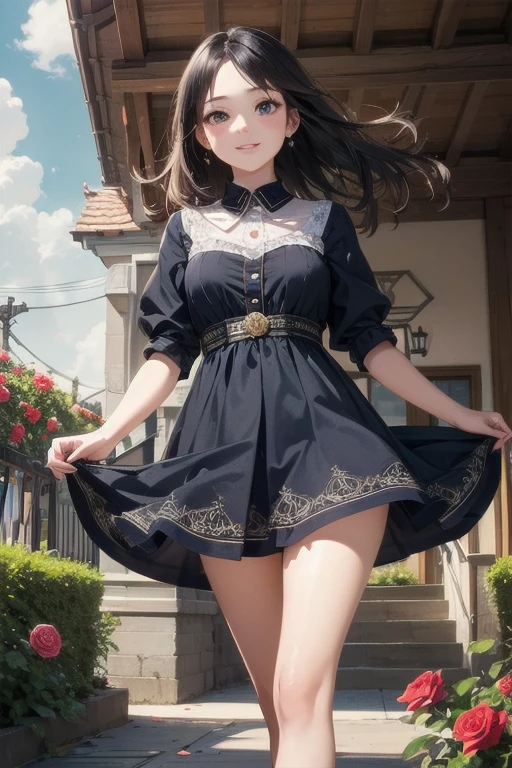 very cute and beautiful girl,(Very exquisite beautiful face and eyes:1.2),smile,(Cowboy Shot),
navy blue ruffle dress,walking,Dynamic pose,(Detailed legs,mini skirt:0.9),
Dynamic Angle,Black Hair,(Rose Garden),naval port,warship in the distance,
(Highest quality,masterpiece:1.2),(Intricate details:1.2),High resolution,Very detailed,
alone,Natural light,Hair blowing in the wind,Beautifully detailed skies,
