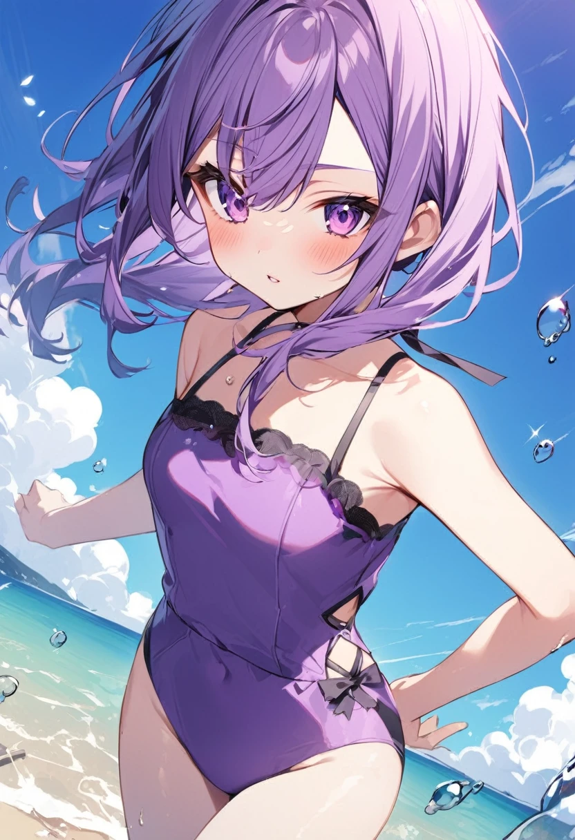 Keito。Purple Eyeurasaki hair。Purple Swimsuit