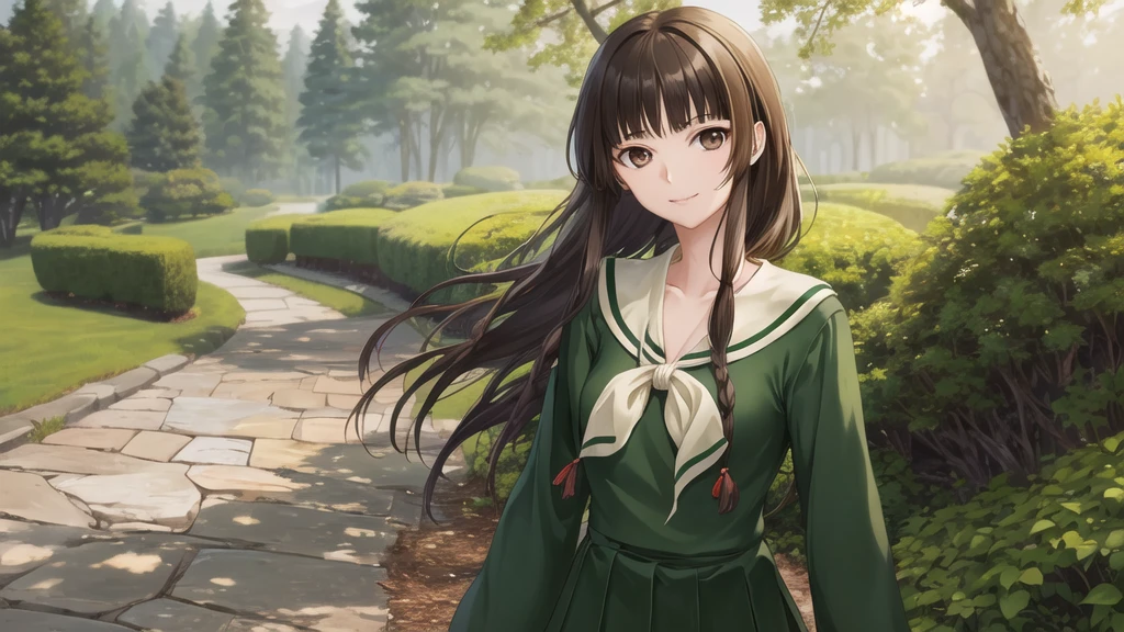 masterpiece, Highest quality, High resolution, aayoshino, , thin, Long Hair, Twin Blade, Brown eyes, Hair that falls over the shoulders, , Sailor collar, neckerchief, Green Shirt, One piece sailor shirt, Long sleeve, Green Skirt, Long skirt, Are standing, Cowboy Shot, Outdoor, Person on the right, Shining Face