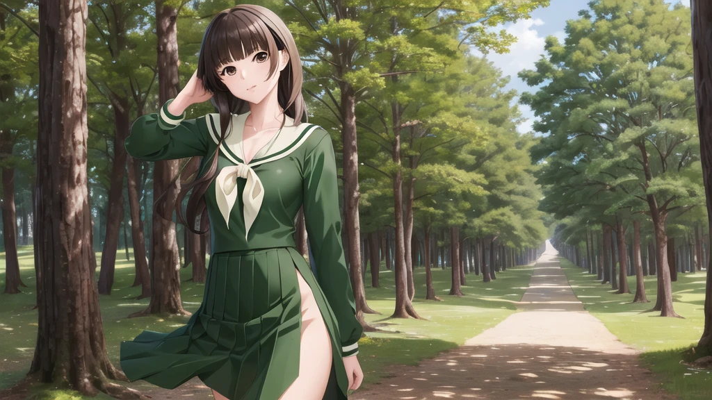 masterpiece, Highest quality, High resolution, aayoshino, , thin, Long Hair, Twin Blade, Brown eyes, Hair that falls over the shoulders, , Sailor collar, neckerchief, Green Shirt, One piece sailor shirt, Long sleeve, Green Skirt, Long skirt, Are standing, Cowboy Shot, Outdoor, Person on the right, Shining Face