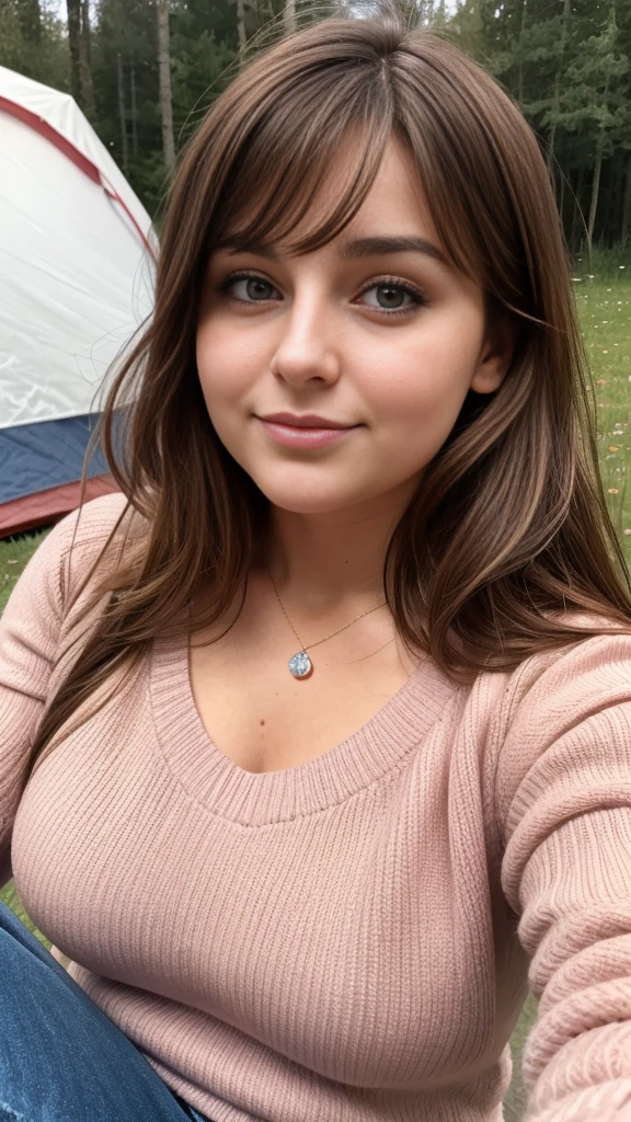 Fais de moi une femme brune, 28 years old , A little chubby, with a medium-sized nose and a pink mouth, yeux marrons en  tenue faisant du camping