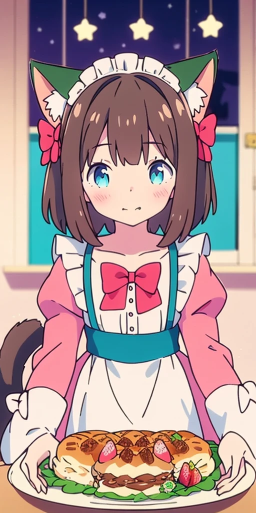1 girl, Alone, Brown hair, animal ears, cola, cat ears, cat cola, bow, old, two sides up, long sleeves, maid headdress, Bell, jingle Bell, food, short hair, dress, small old, puffy sleeves, bowtie, cat girl, steering wheels, juliet sleeves, animal ear fluff, hits, apron, hair bow, clothing trimming, strawberry, blush, clavicle
