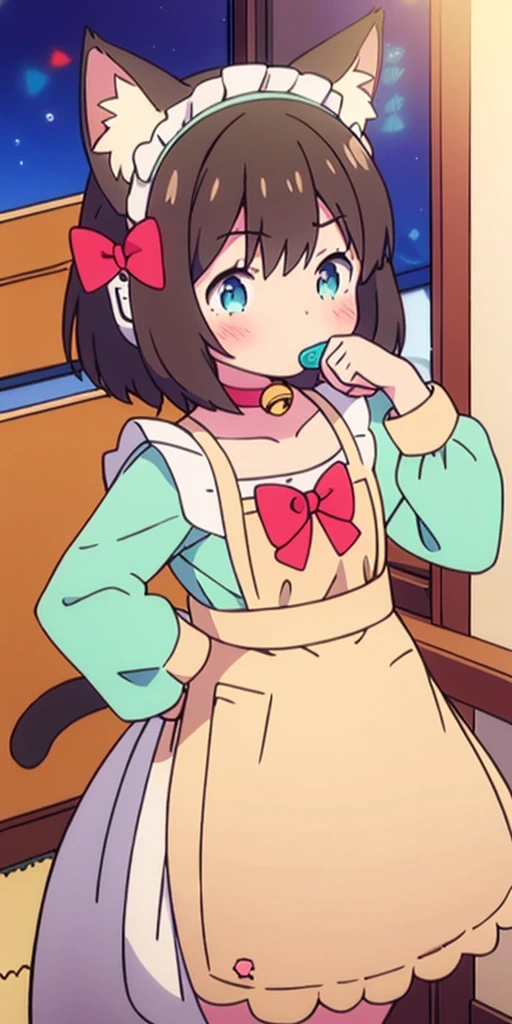 1 girl, Alone, Brown hair, animal ears, cola, cat ears, cat cola, bow, old, two sides up, long sleeves, maid headdress, Bell, jingle Bell, food, short hair, dress, small old, puffy sleeves, bowtie, cat girl, steering wheels, juliet sleeves, animal ear fluff, hits, apron, hair bow, clothing trimming, strawberry, blush, clavicle