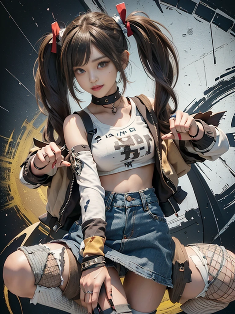 (Full Body View:1.3)、(Side view:1.1)、(Beautiful face:1.3)、(Smiling with teeth showing:1.3),(Shibuya Gal:1.5)、(Beverly Hills Whore:1.4)、(Neo-goth fashion:1.5)、(Punk RockVisual Kei:1.4)、(Modern white and red short jacket:1.5)、(Tattered brown and charcoal denim micro mini skirt:1.5)、(Mustard Yellow Headband:1.3)、(Charcoal and khaki striped knee socks:1.4)、collar、White long boots、(We sell patterned underwear with logos.:1.4)、、NSFW,((Highest quality、In 8K、masterpiece:1.3))、Sharp focus:1.2、(Layered Cut、Huge boobs:1.1),Beautiful woman with perfect figure:1.4、(Open legs:1.3)、(Raise your arms:1.2)、(Open your crotch:1.3)、Slender Abs:1.2、Butt、Highly detailed face and skin texture、Detailed eyes、double eyelid,(Twin tails:1.3)、(Light brown hair:1.3)、Dynamic Pose、Obscene pose、Humiliating pose、Gravure idol、(luxury fashion show stage:1.3)、(Make your legs thinner:1.4)、(Slim body:1.3)、(clavicle:1.1)