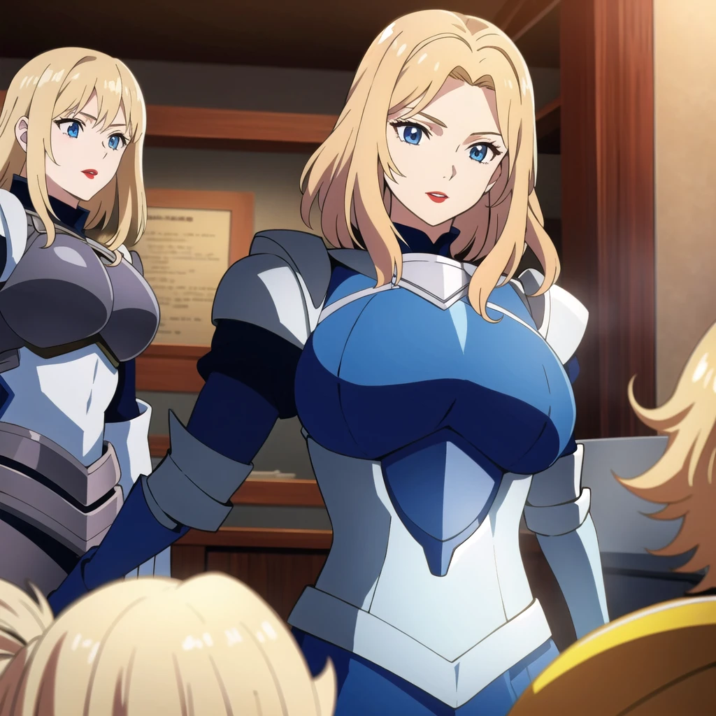 Knight in armor, feminine, big boobies, Mediovale, blondie hair, Medium hair, blue colored eyes, Red lips, 