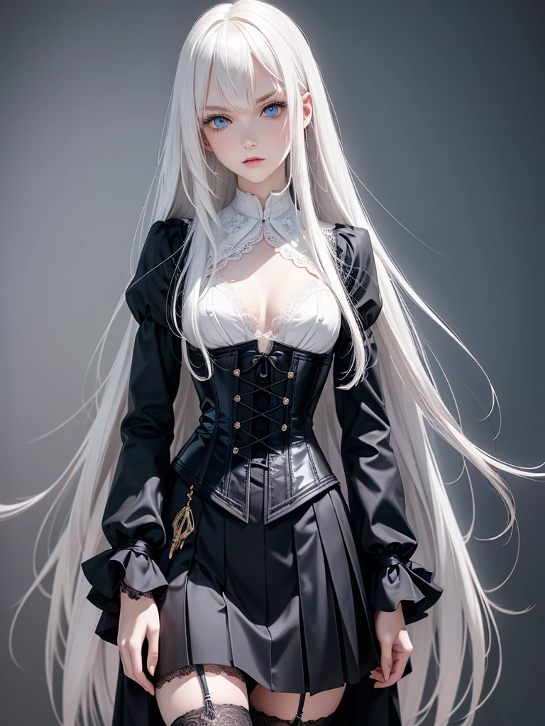 (best quality), 1girl, female, pale skin, white hair, long hair, swept bangs, straight hair, blue eyes, perfect eyes, slender, flat chest, shy, corset, long_skirt, lace-trimmed_legwear, masterpiece, anatomically correct, highres
