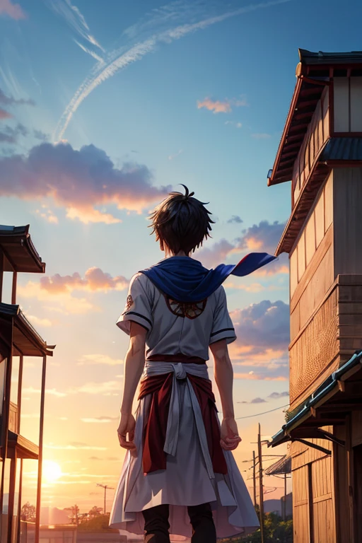 Anime Style。The protagonist begins a new path.、I have fond memories of the past in my heart.。He will never forget that warmth.、I am determined to continue living。A scene where hopes for the future and memories of the past intersect。