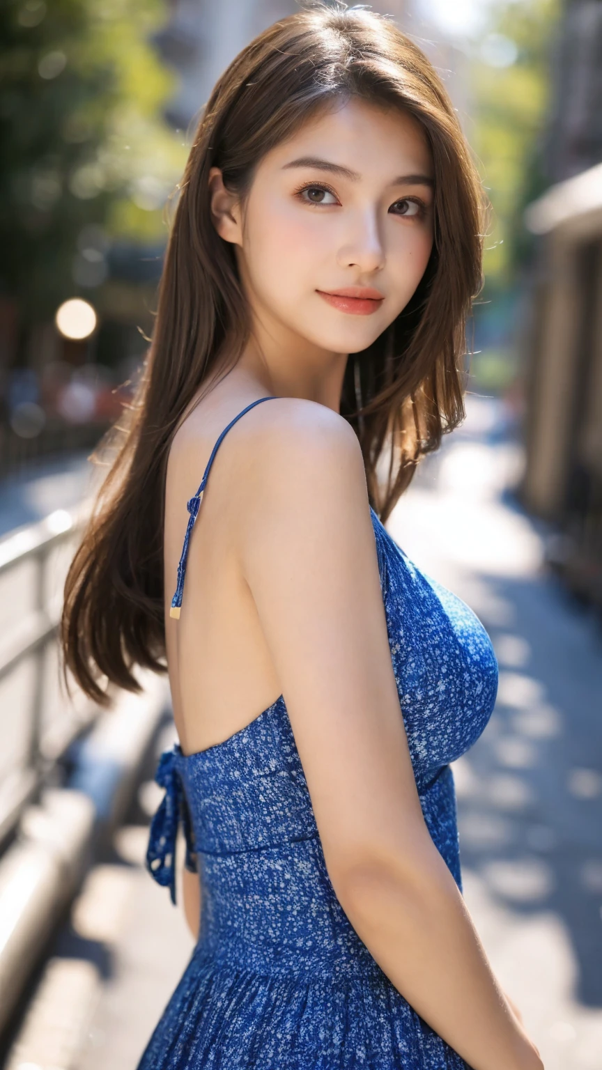 ((Best quality, 8K, masterpiece:1.3))，1girl，18 years old，Asian，Real texture:1.3，(Background blur:1.1)，Gorgeous long dress，Tall and slender figure:1.2，(Hot summer weather)，（street:1.3），Highly detailed face and skin textures，Exquisite eyes，Long eyelashes，Double eyelids，Skin Whitening，happy，Various postures，Big breasts