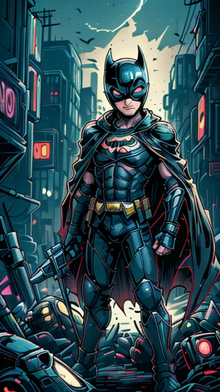 best quality,masterpiece,1boy,solo,(((13years old))),japanese boy,an extremely cute and handsome boy,highly detailed beautiful face and eyes,petit,cute face,lovely face,baby face,shy smile,show teeth, Black hair,Short hair,flat chest,skinny,slender,(((wearing a Batman costume,black helmet, black domino mask, black cape))),(((standing in Dark Midnight Neon Glow light Cyberpunk Gotham City))),he is looking at the viewer,