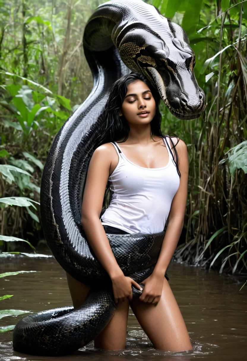 Top quality, masterpiece, super high resolution, real photo, raw photo, cute, beautiful indian young girl, happy expression, joy, glossy skin, dramatic lighting, full body, full body wet, dirty white tank top, sheer with thin fabric, white shirt dirty with mud, beautiful breasts, beautiful ass, butt sticking out, creepy, in the dark jungle, waterside, black large titanboa , slim, long limbs, slimy, slim Sleeping on large titanboa a large giant black titanboa wrapped around her neck, a large titanboa wrapped around her body, a titanboa’s head from between her crotches, a titanboa and a titan’s intertwining their tongues and kissing, a girl hugging giant titanbo a girl and a large titanboa staring at each other Many large anacondas horny aroused tentacle sex large object penetration nsfw snake tongue kissing blowjob bestiality