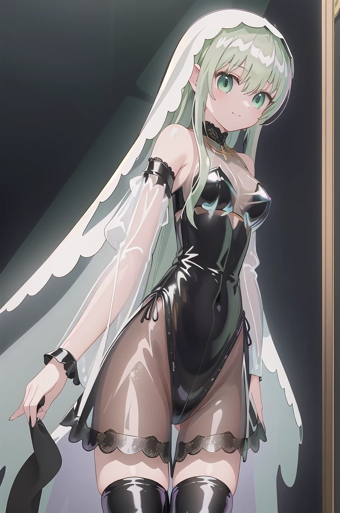 1girl,solo,cowboy shot,standing,(pastel green hair:1.2),(long hair:1.4),one side long hair,bangs,hair_between_eyes,(green eyes:1.2),(beautiful fingers:1.4),(perfect anatomy:1.4),(arms_behind_back:1.6),(cold_shoulder:1.2),BREAK,(black leather lace glossy silk lamé leotard:1.6),(latex luster shiny glossy metallic:1.4),(shiny_clothes:1.4),medium breasts,beautiful breasts,(masterpiece),best quality,(Ultra high definition eyes:1.2),8k,(Beautiful detailed eyes:1.2),(Fine and beautiful eyes:1.2),(pretty eyes:1.2),finely detail,extremely CG, absurdres,high resolution,illustration,Detailed and beautiful outlines,finely detail,high resolution,(colorful refraction:1.4,Increase saturation:1.2),beautiful lighting,dynamic lighting,closed room,black background,simple background, smile,looking at viewer,Cecilia,nun,jewelry,(black veil:1.4),(white Clear PVC sheets sleeves:1.6),(sheer sleeves:1.6),(see-through sleeves:1.6),(wide sleeves:1.4),(black thigh boots:1.4)