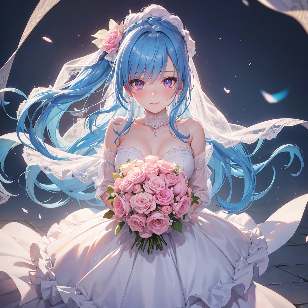 Sky blue hair, (Braided Ponytail),(Pink Eyes),Fair skin ,(whole body),(One girl),bride,A big smile,Straight bangs, 6月のbride,Wedding dress,(masterpiece, Highest quality, Very detailed, Best Shadow), (Detailed Background), (Beautifully detailed face), High Contrast, (Best lighting, Very delicate and beautiful), ((Cinematic Light)), colorful, Hyper Detail, Dramatic Light, Intricate details,Chapel background,Bouquet of roses,Ring on left ring finger,
