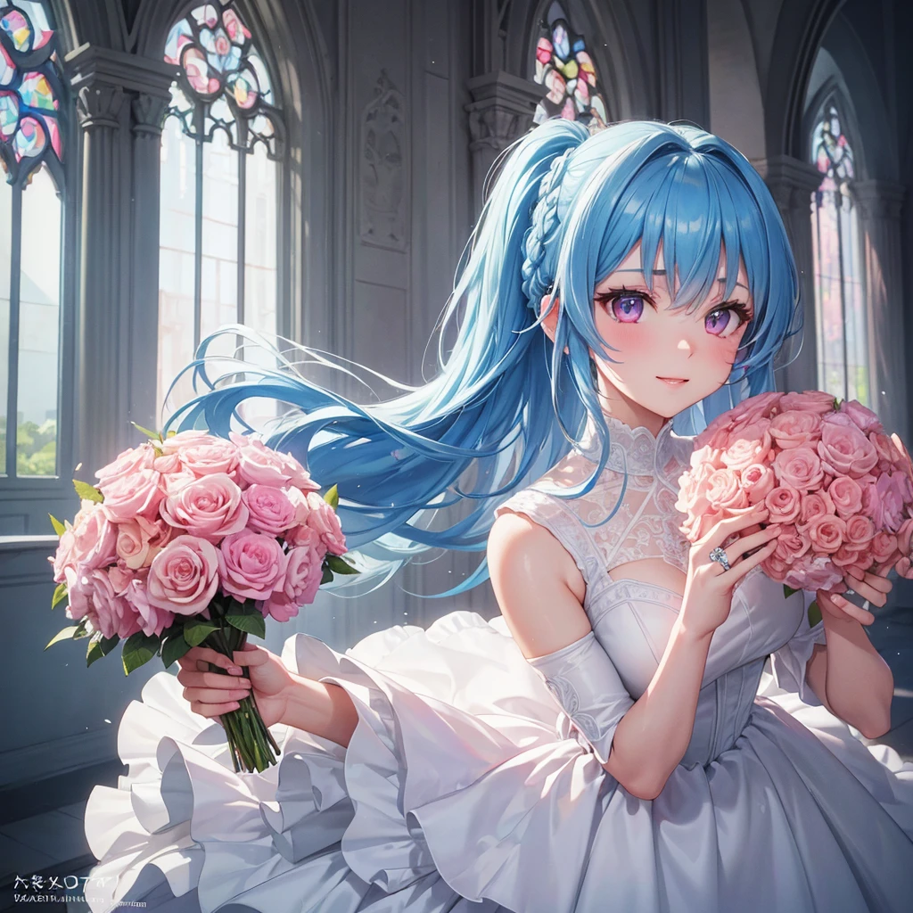 Sky blue hair, (Braided Ponytail),(Pink Eyes),Fair skin ,(whole body),(One girl),bride,A big smile,Straight bangs, 6月のbride,Wedding dress,(masterpiece, Highest quality, Very detailed, Best Shadow), (Detailed Background), (Beautifully detailed face), High Contrast, (Best lighting, Very delicate and beautiful), ((Cinematic Light)), colorful, Hyper Detail, Dramatic Light, Intricate details,Chapel background,Bouquet of roses,Ring on left ring finger,