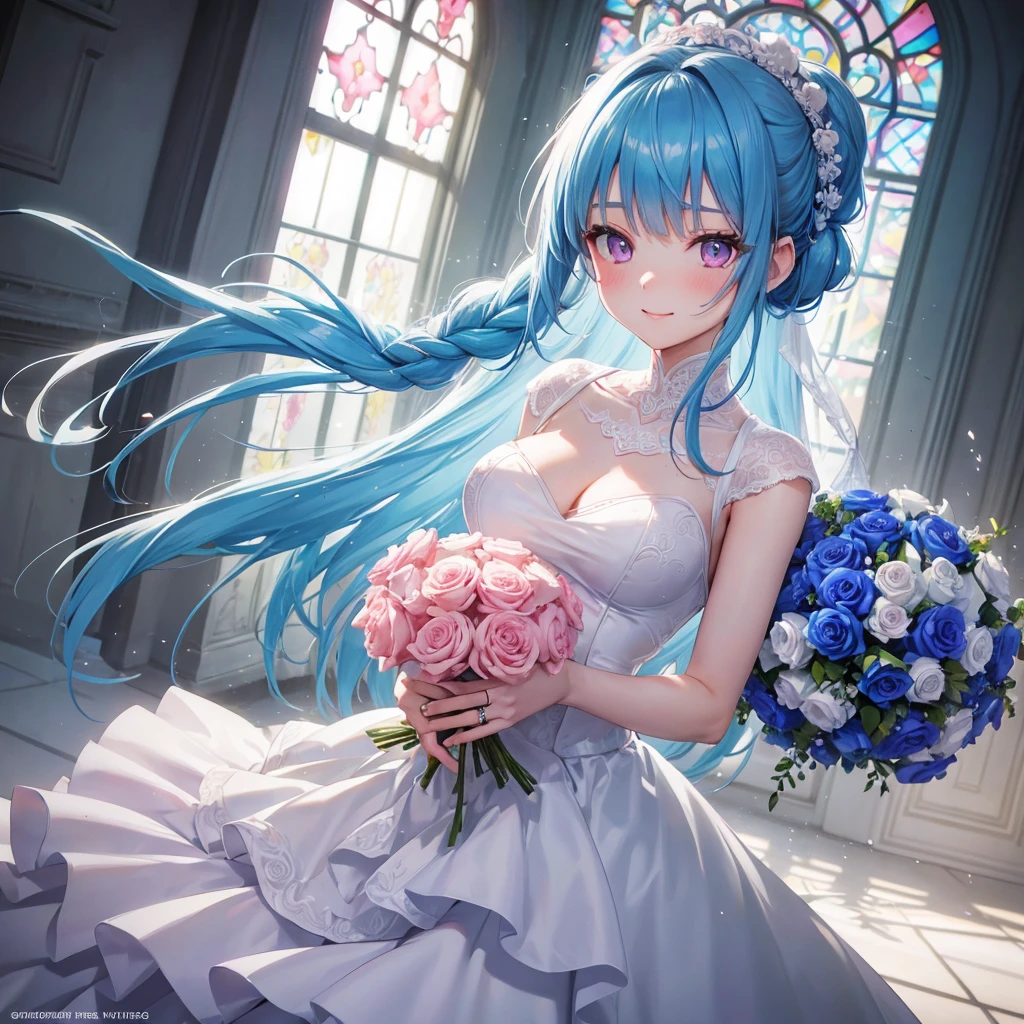 Sky blue hair, (Braided Ponytail),(Pink Eyes),Fair skin ,(whole body),(One girl),bride,A big smile,Straight bangs, 6月のbride,Wedding dress,(masterpiece, Highest quality, Very detailed, Best Shadow), (Detailed Background), (Beautifully detailed face), High Contrast, (Best lighting, Very delicate and beautiful), ((Cinematic Light)), colorful, Hyper Detail, Dramatic Light, Intricate details,Chapel background,Bouquet of roses,Ring on left ring finger,