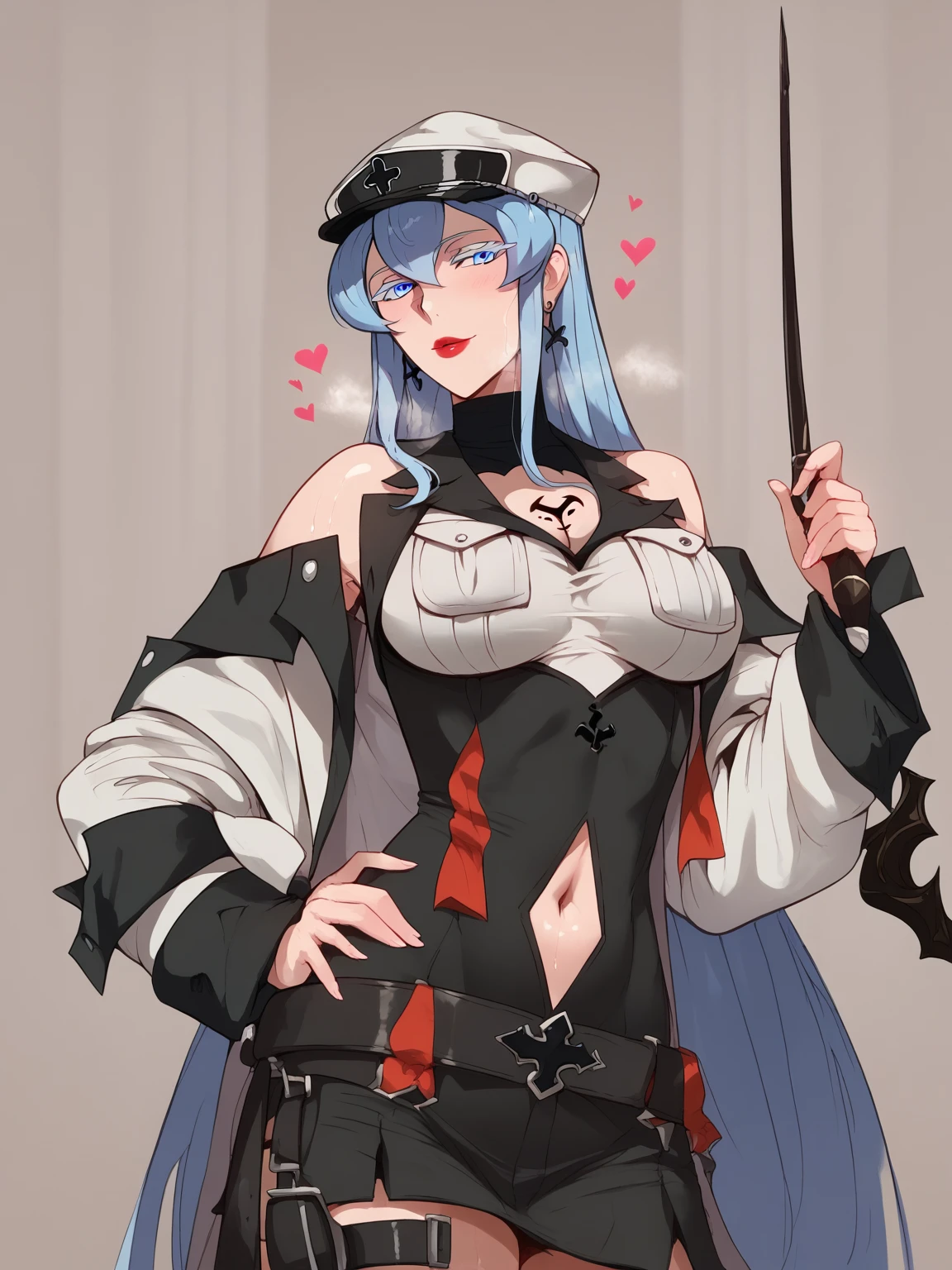 score_9, score_8_up, score_7_up, score_6_up, uncensored, esdeath, light-blue hair, long hair, multicolored eyelashes, hat, military hat, blue eyes, tattoo, naughty face, shiny skin, sweating, steaming body, heavy breathing, detailed body, detailed eyes, BREAK (masterpiece:1.2), best quality, high resolution, unity 8k wallpaper, (illustration:0.8), (beautiful detailed eyes:1.3), extremely detailed face, perfect lighting, extremely detailed CG, (perfect hands, perfect anatomy), hearts, pleasured, Expressiveh, 1girl, rating:safe, solo, jewelry, earrings, covered navel, red lips, breasts, looking_at_viewer, navel_cutout, holding smoke,