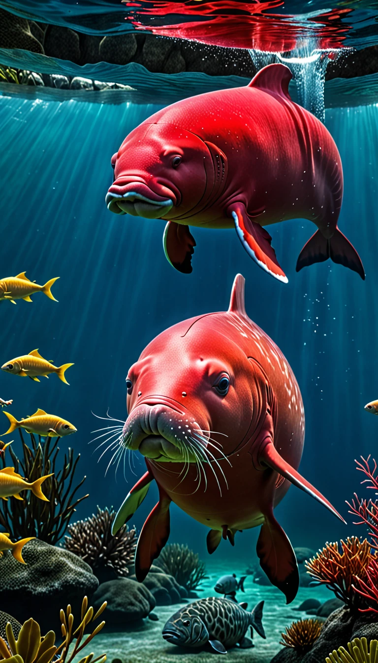 There is a red dugong in the river that has a human head and a fish body.,Mysterious Creatures, shrike, (best quality,4K,8K,High level,masterpiece:1.2),Ultra Detailed,(lifelike,Photo real,Photo real:1.37),Highly detailed animals,Complex patterns,Realistic lighting,Fantasy Creatures